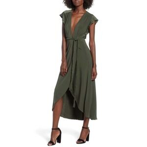 Boho Luxe Olive Green Wrap Maxi Jersey Dress NWT XS Wedding Guest Resort MISA